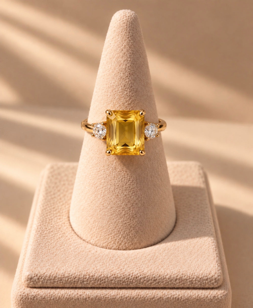Bague Iset dorée à nano-saphir jaune rectangulaire, présentée sur un support conique beige