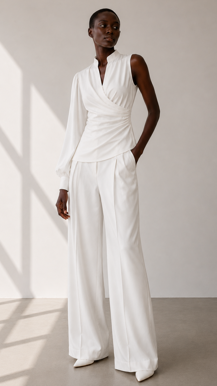 Haut en soie femme, haut asymétrique luxe, blouse blanche élégante, haut drapé, vêtement de créateur, fabrication française, confection artisanale, made in Paris, mode française, prêt-à-porter haut de gamme, haut chic femme, haut cérémonie, haut de soirée, créateur parisien, vêtement fabriqué en France, MAISON HIND KROUSSA PARIS.