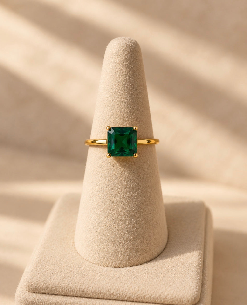 Anillo fino dorado con piedra verde cuadrada sobre expositor