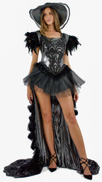 Black Hécate dress with embroidered bodice, feathered shoulders, and long transparent train