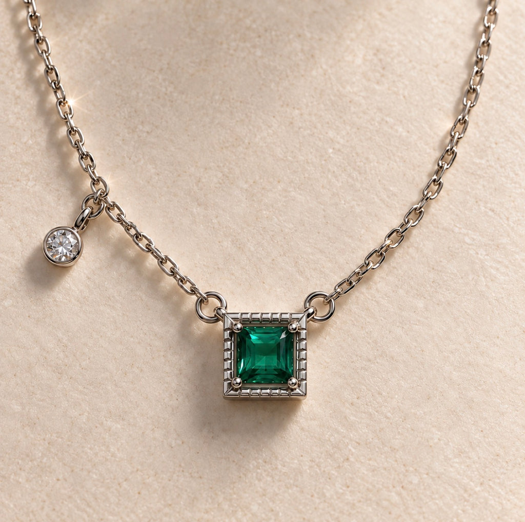 Détail du pendentif carré vert et de la petite pampille ronde du collier Mérytamon en argent 925.