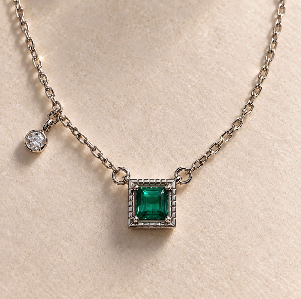 Détail du pendentif carré vert et de la petite pampille ronde du collier Mérytamon en argent 925.