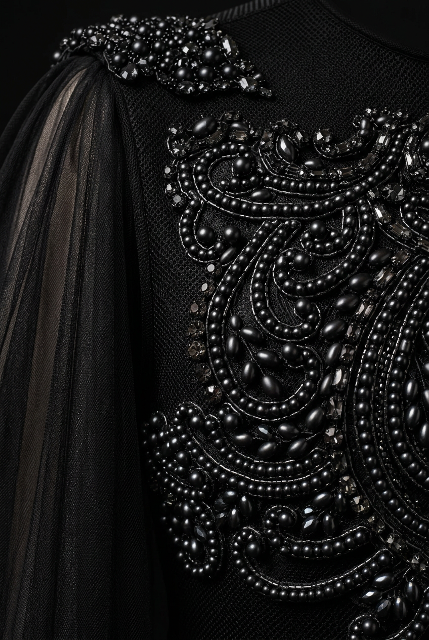 Robe Doris et voile Nésoi, noir — Détail des finitions