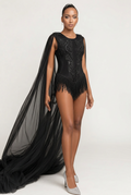 Robe Doris et voile Nésoi, noir — Vue de face, silhouette entière