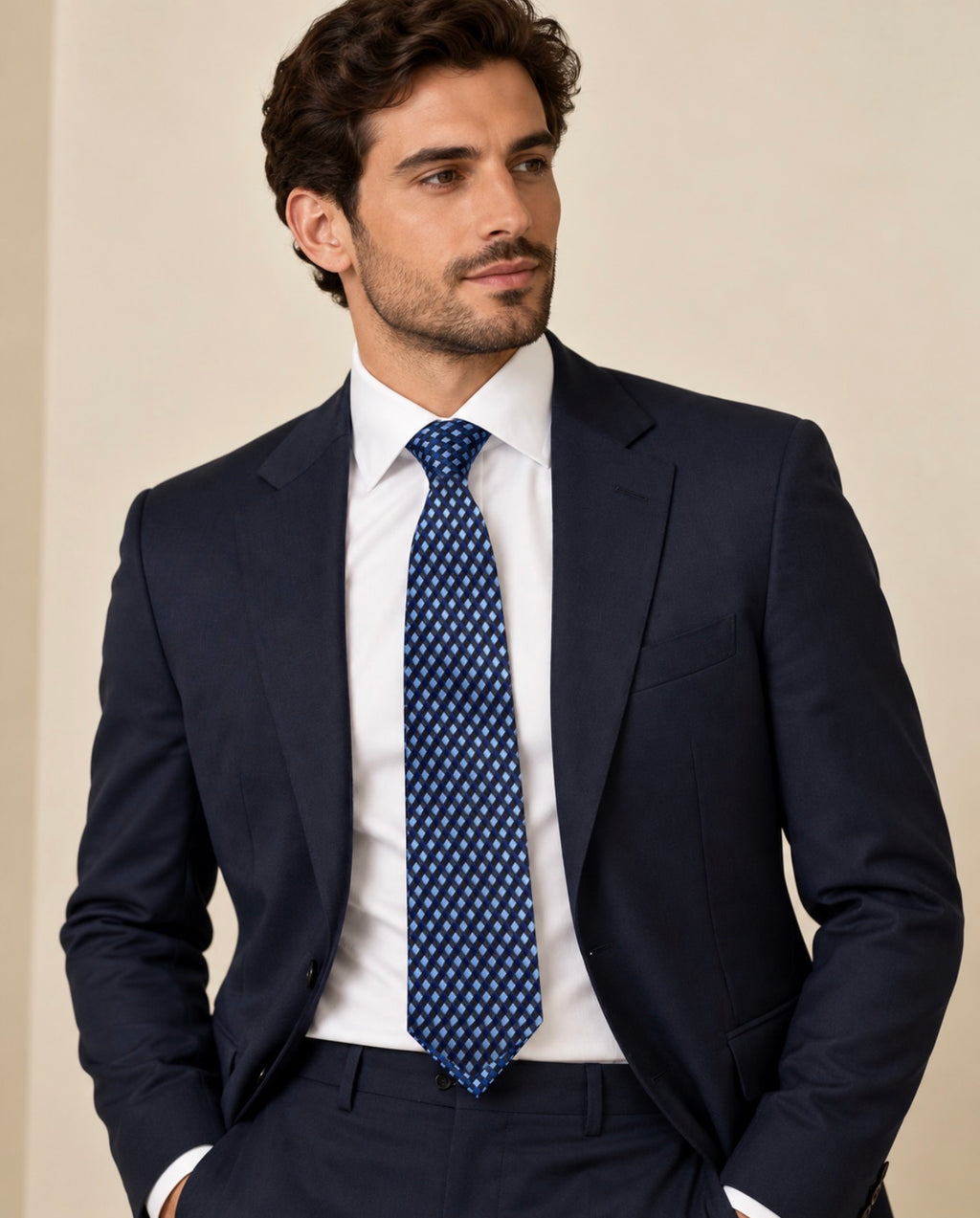 Cravate Caumartin à damier bleu marine et bleu ciel, portée avec une chemise blanche et un costume bleu marine.