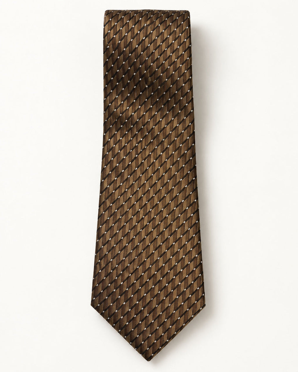 Cravate Duras à plat : motifs géométriques bruns et bronze, diagonales noires et petits points ivoire.