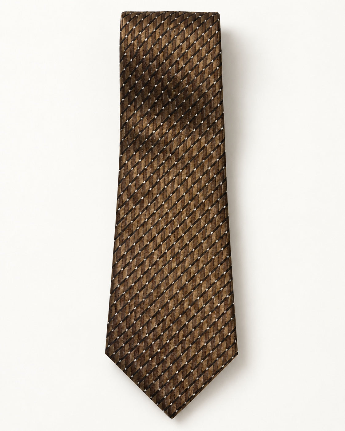 Cravate Duras à plat : motifs géométriques bruns et bronze, diagonales noires et petits points ivoire.