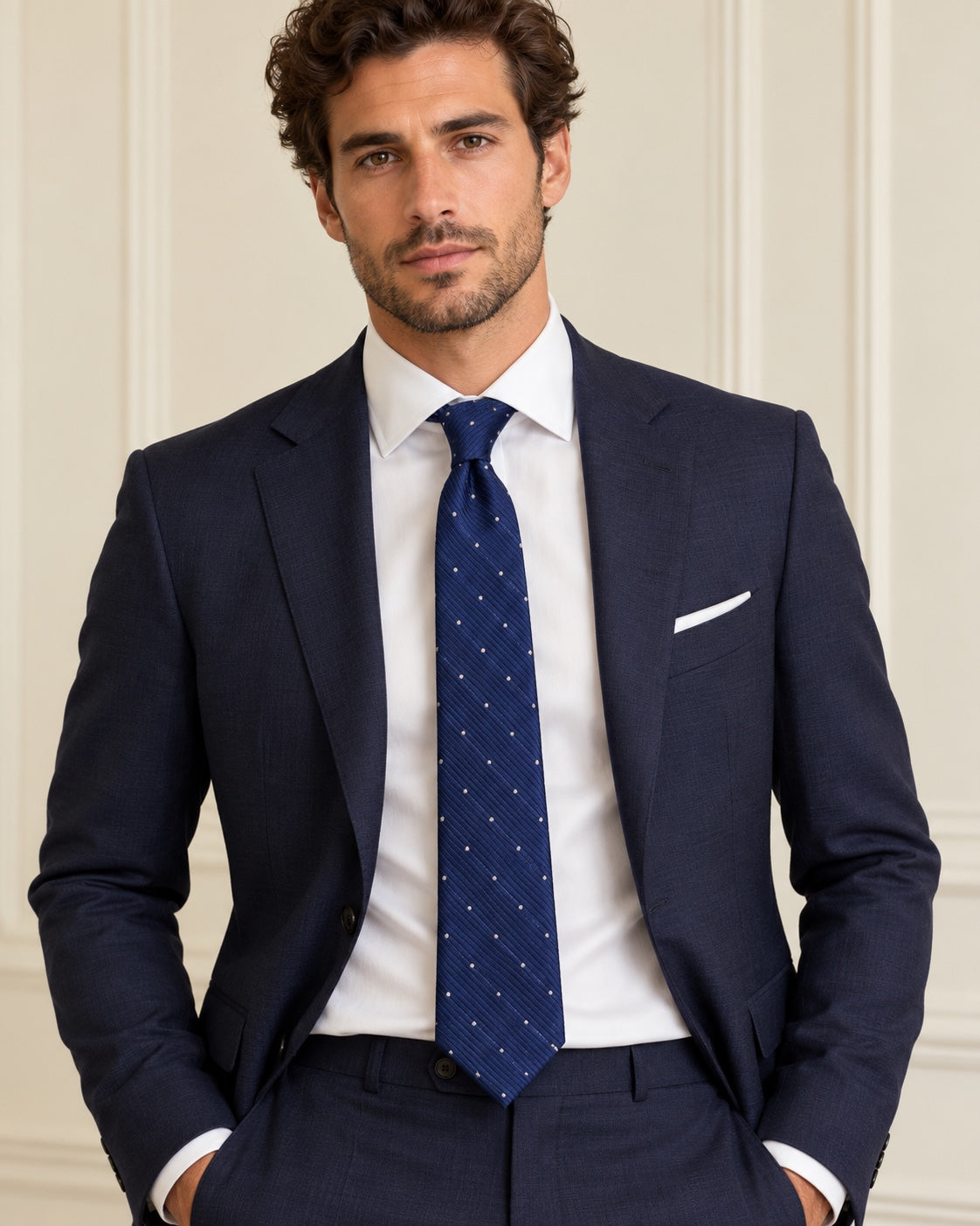 Cravate Lavoisier bleu marine à petits motifs ivoire, portée avec un costume marine et une chemise blanche.