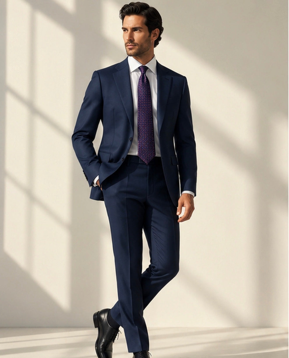 Cravate Marbeuf à losanges marine et prune, portée avec un costume bleu marine et une chemise blanche.