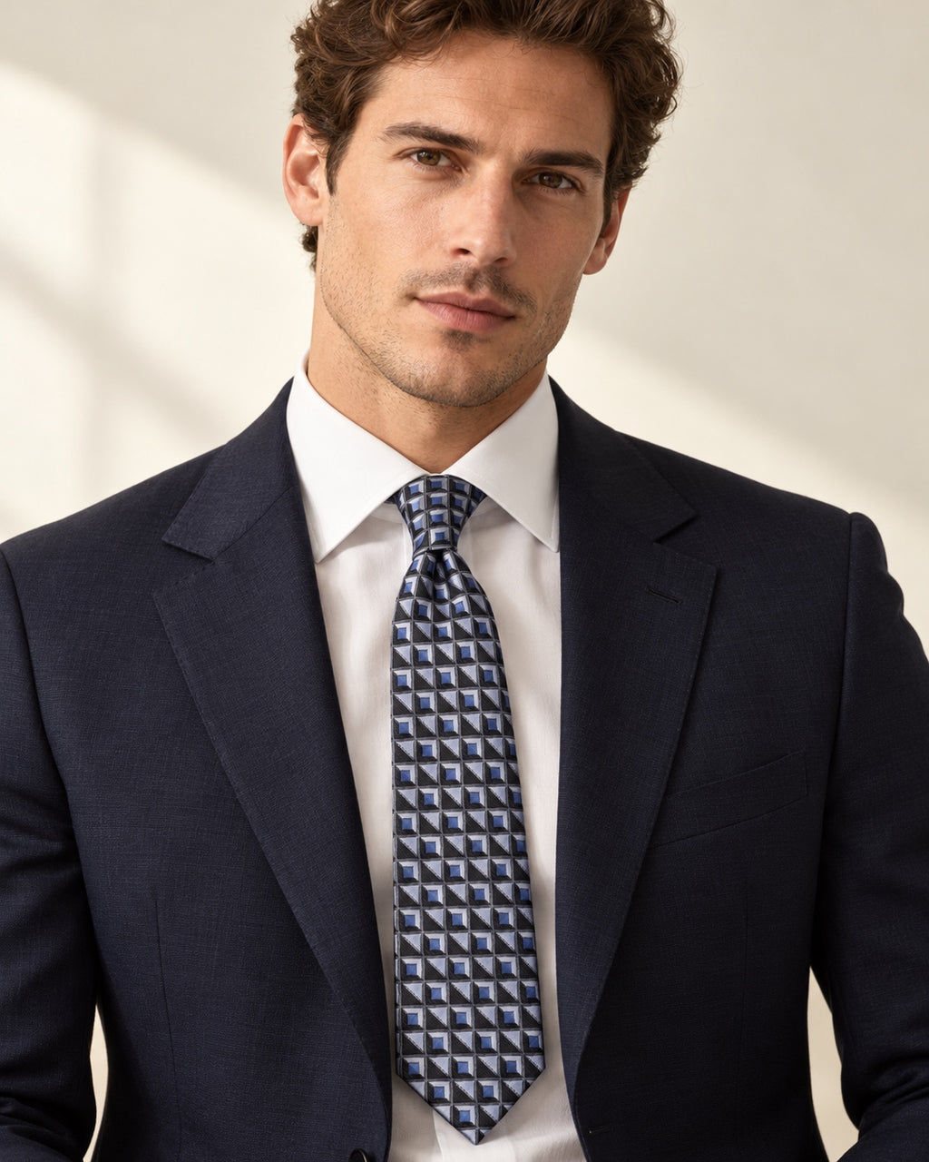 Cravate Marignan à motifs géométriques bleus, argentés et noirs, portée avec une chemise blanche et un costume bleu marine.
