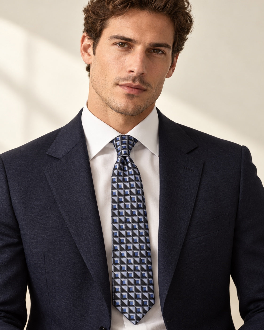 Cravate Marignan à motifs géométriques bleus, argentés et noirs, portée avec une chemise blanche et un costume bleu marine.