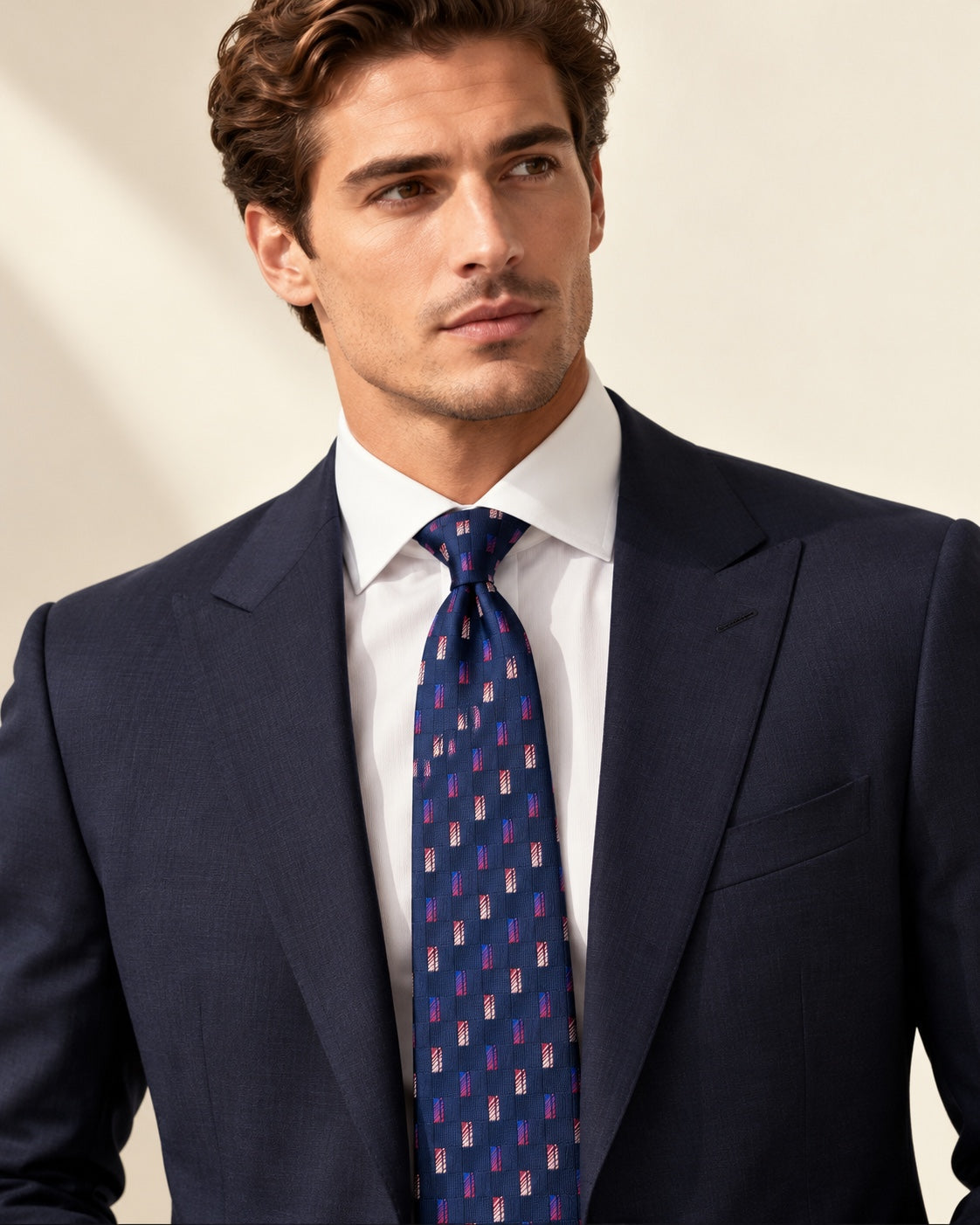 Cravate Miromesnil marine à petits rectangles rouges, bleus et ivoire, portée avec une chemise blanche et un costume bleu marine.