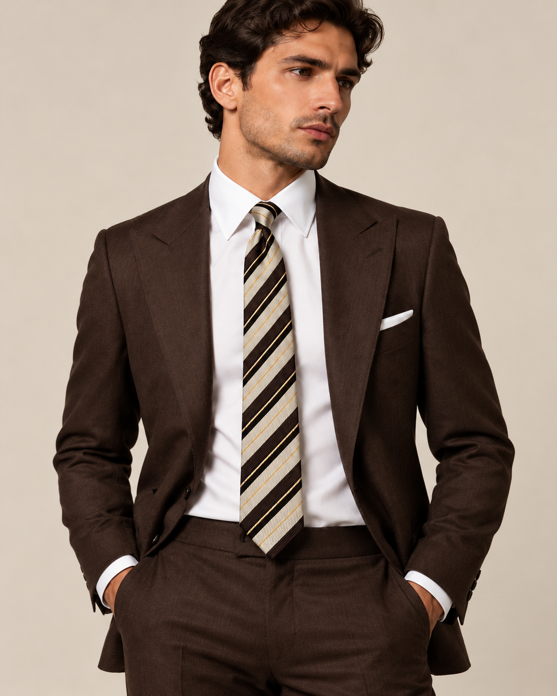 Cravate Tronchet à rayures diagonales ivoire, brun et noir, portée avec un costume chocolat et une chemise blanche.