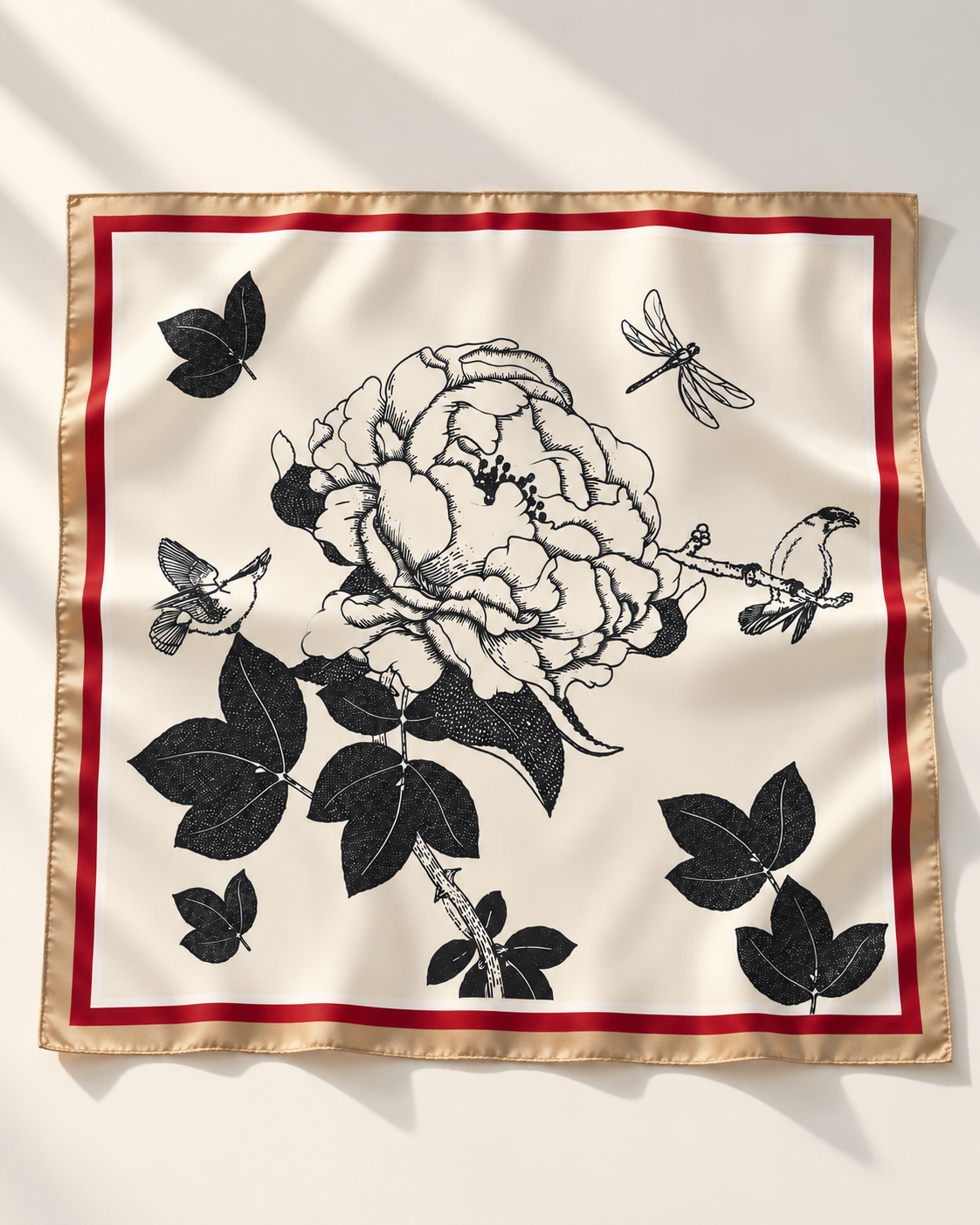 Foulard Rue de Furstemberg — Un carré ivoire à grande fleur dessinée en noir, accompagné d’oiseaux et d’une libellule