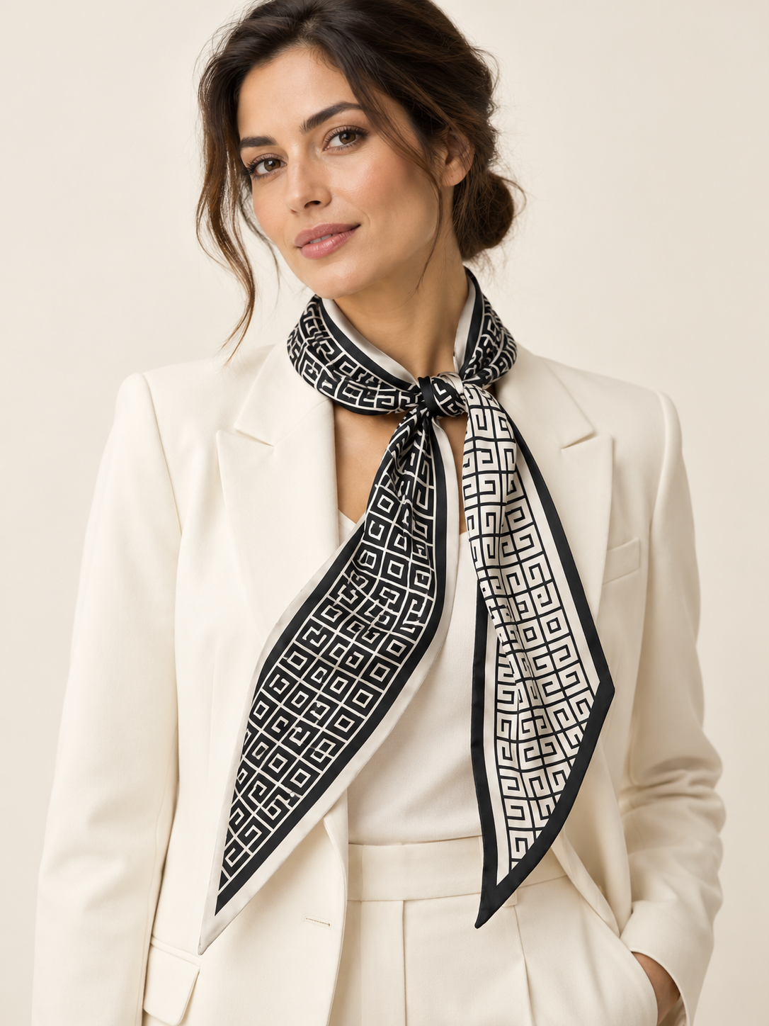 Foulard Rue de la Liberté, porté au cou par une mannequin féminine — visuel généré