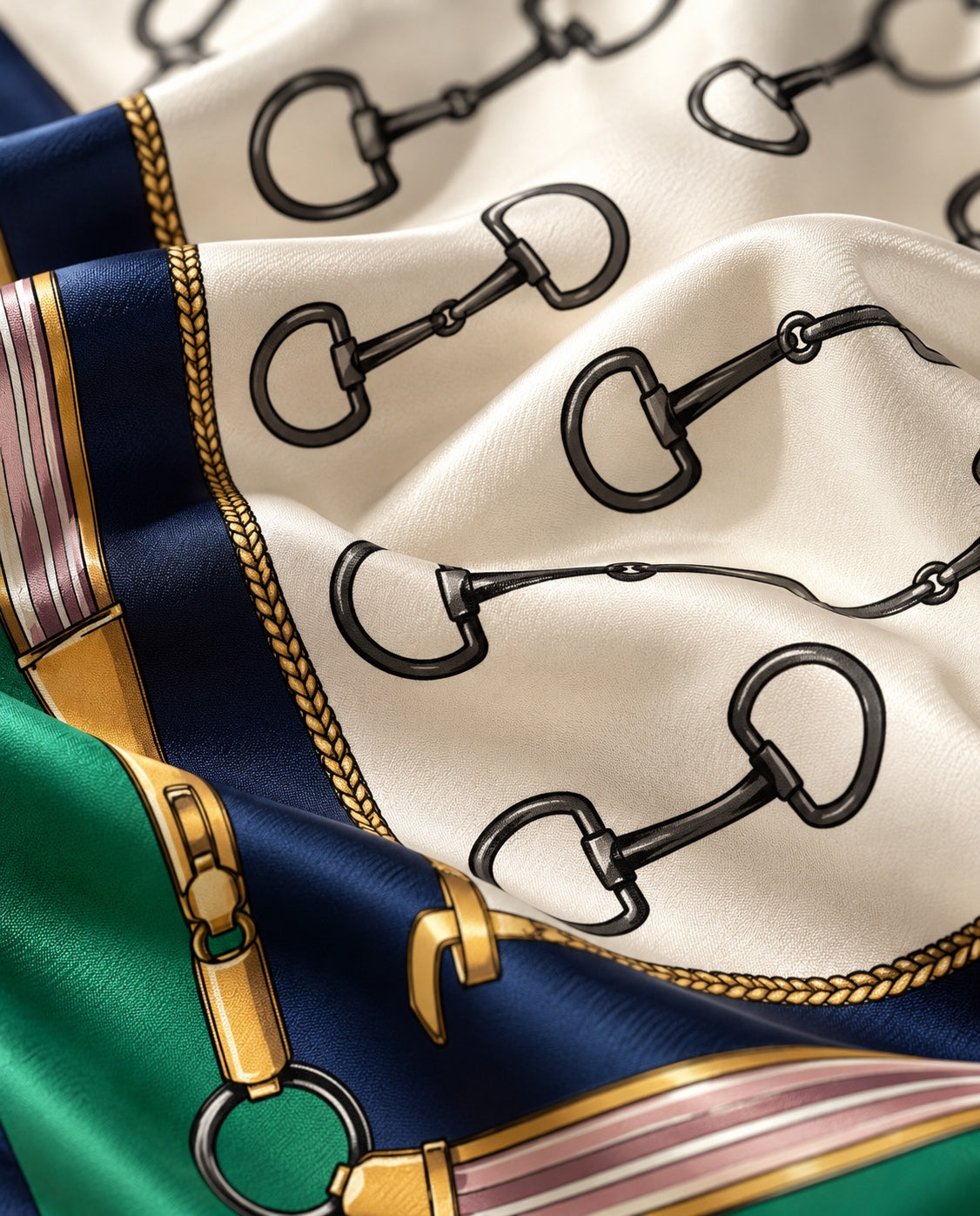 Zoom matière du foulard Rue de l’Éperon : mors noirs sur soie ivoire, détails dorés, rubans roses, bordure verte et bleu marine.