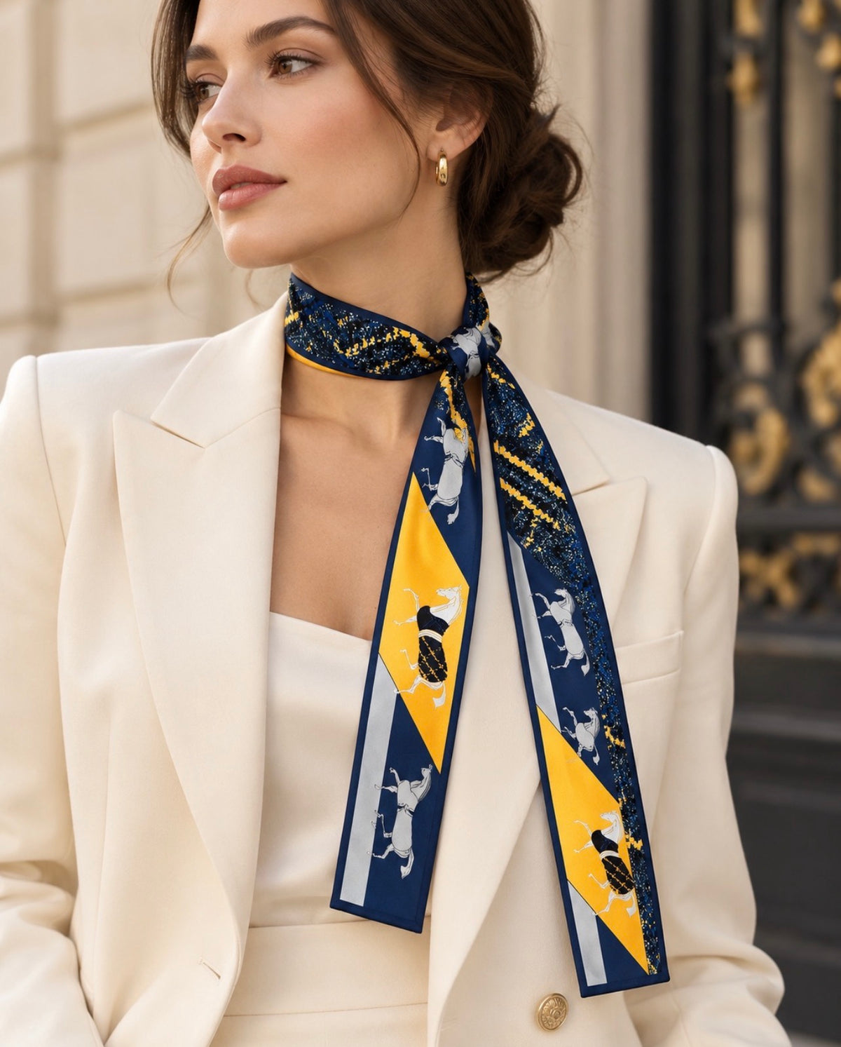 Foulard long Rue de Seine en soie bleu marine et jaune doré à chevaux blancs, porté avec une veste crème.