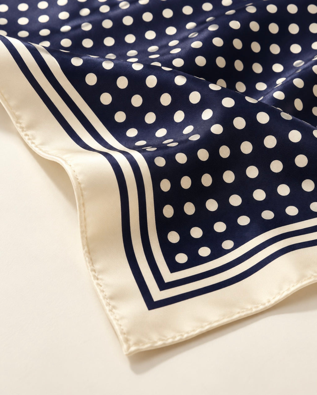 Zoom sur le foulard Rue de Tournon en soie : pois ivoire sur bleu marine et bordure crème à rayures marines.