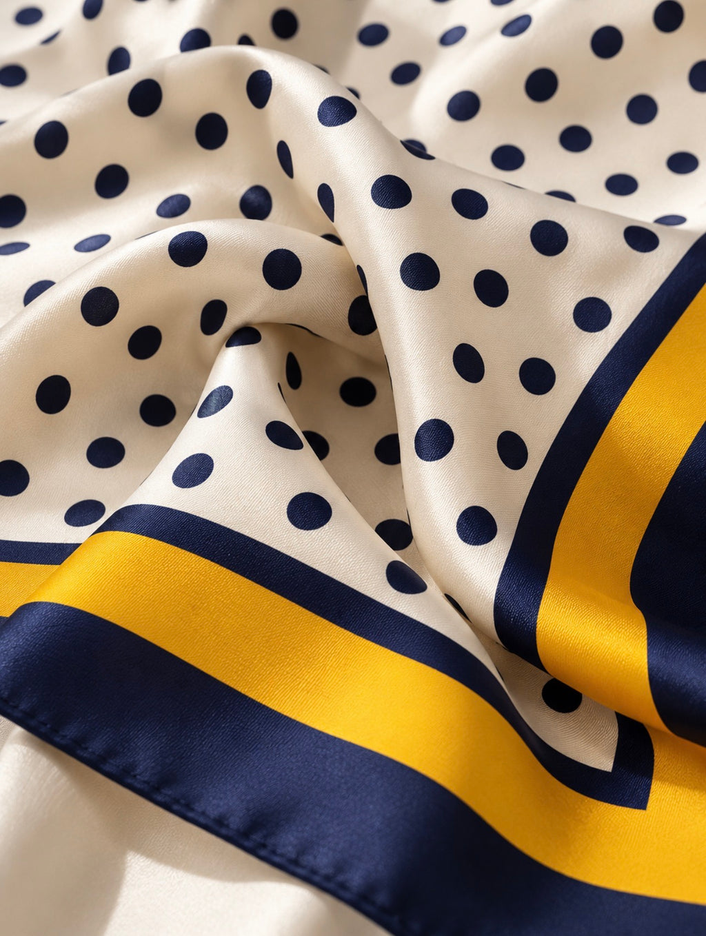Détail du foulard Rue du Bac en soie : pois bleu marine sur fond ivoire et bordure jaune doré et marine.