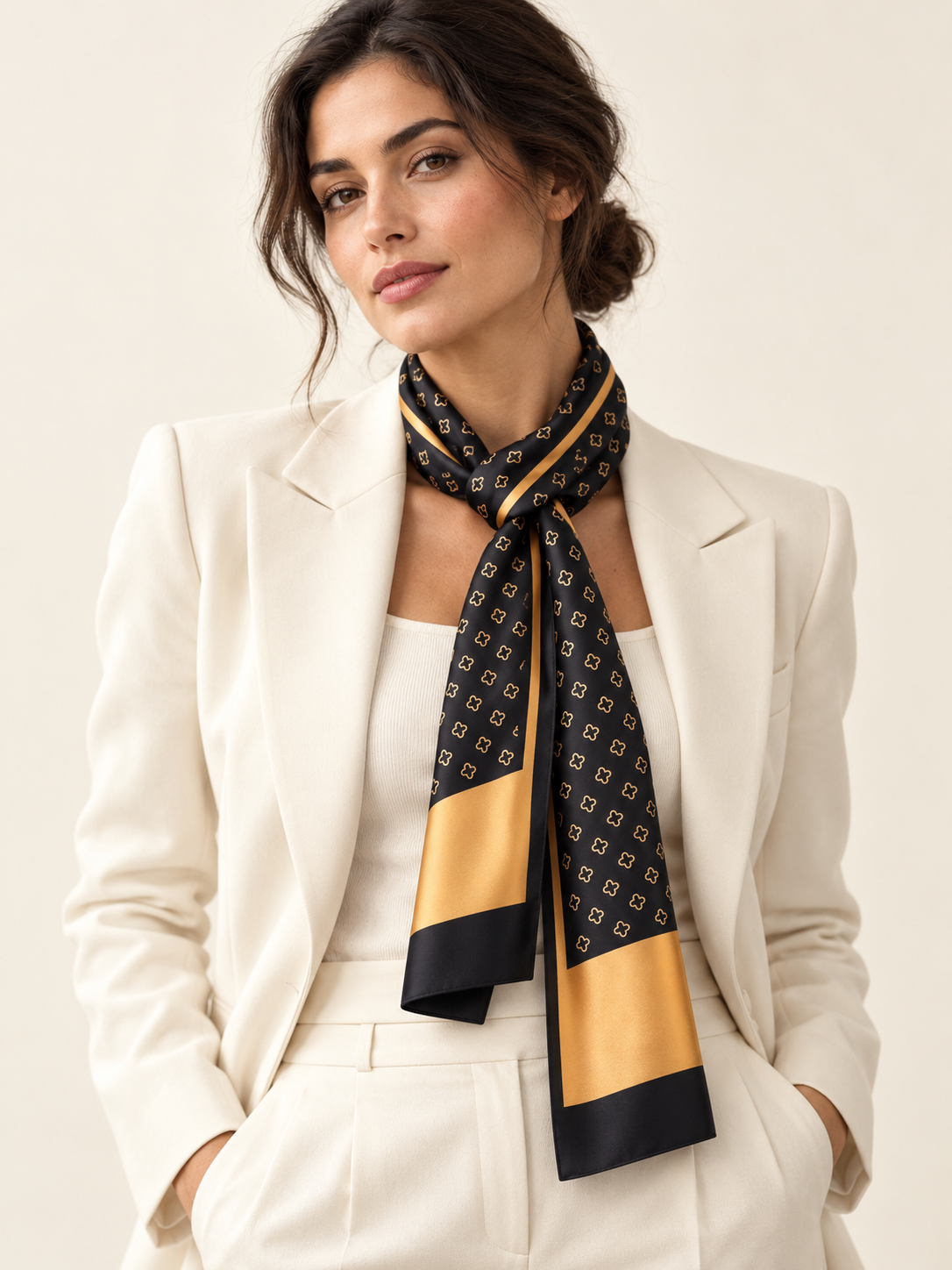 Foulard Rue Saint-Honoré, porté au cou par une mannequin féminine — visuel généré