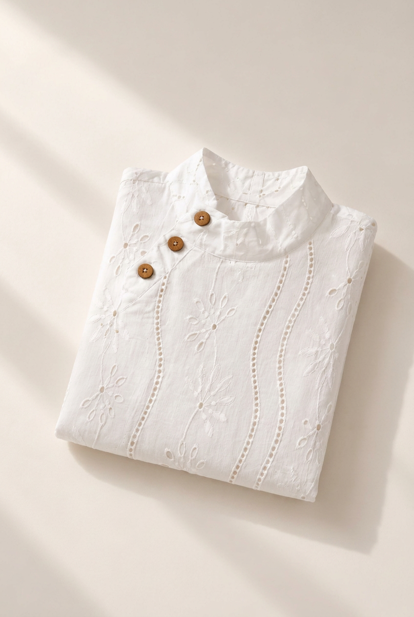 Haut Cadet blanc plié, détail des boutons et de la broderie