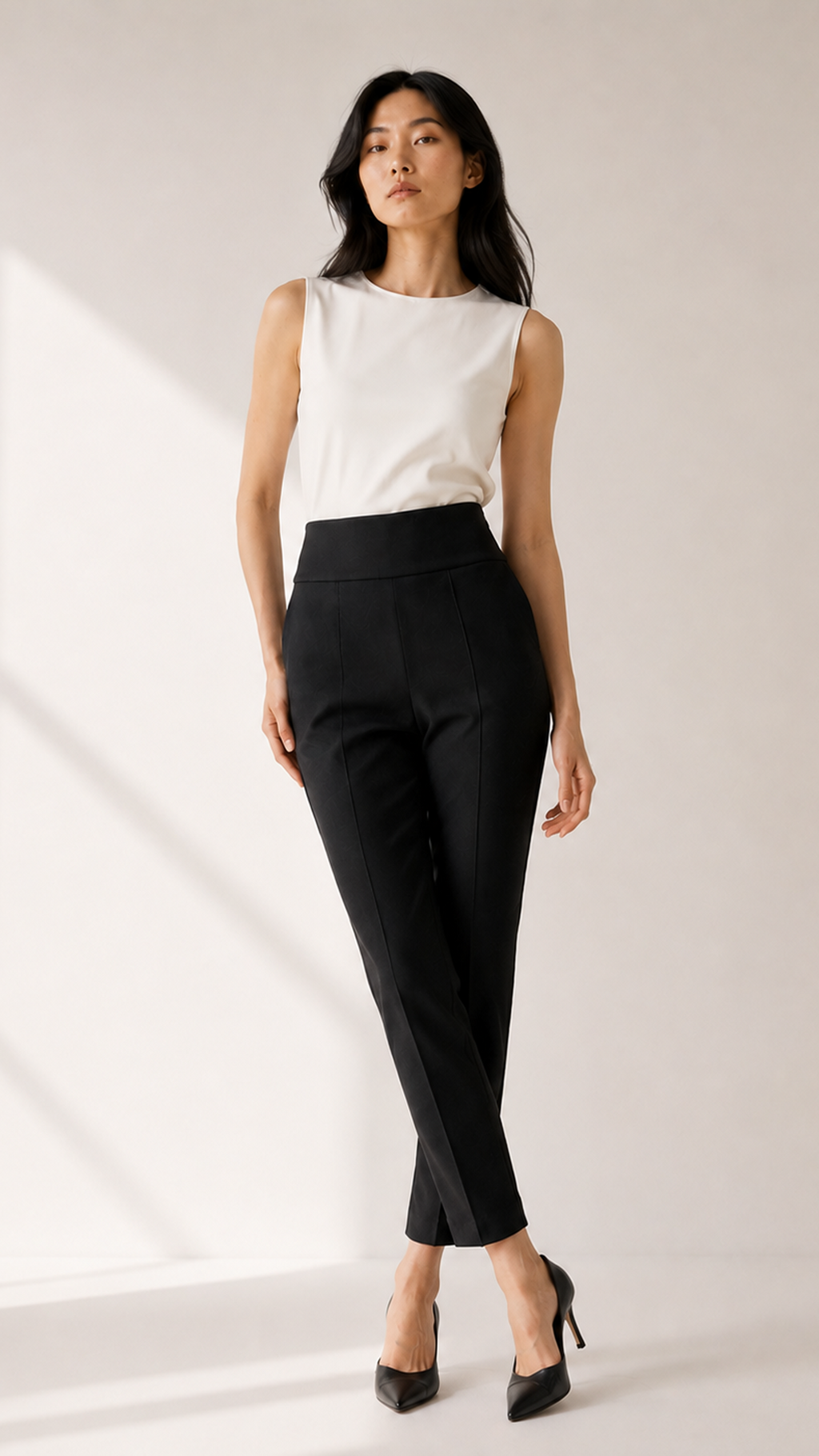 Pantalon noir ajusté porté avec les chevilles croisées