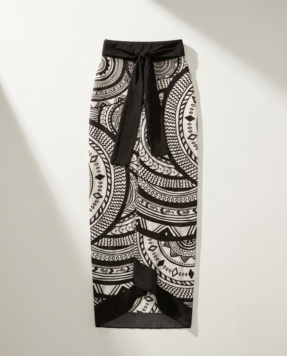 Paréo long noir et blanc à motifs circulaires