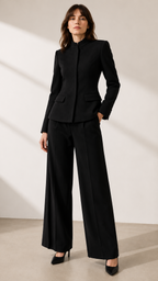 Tailleur noir à veste courte et col montant