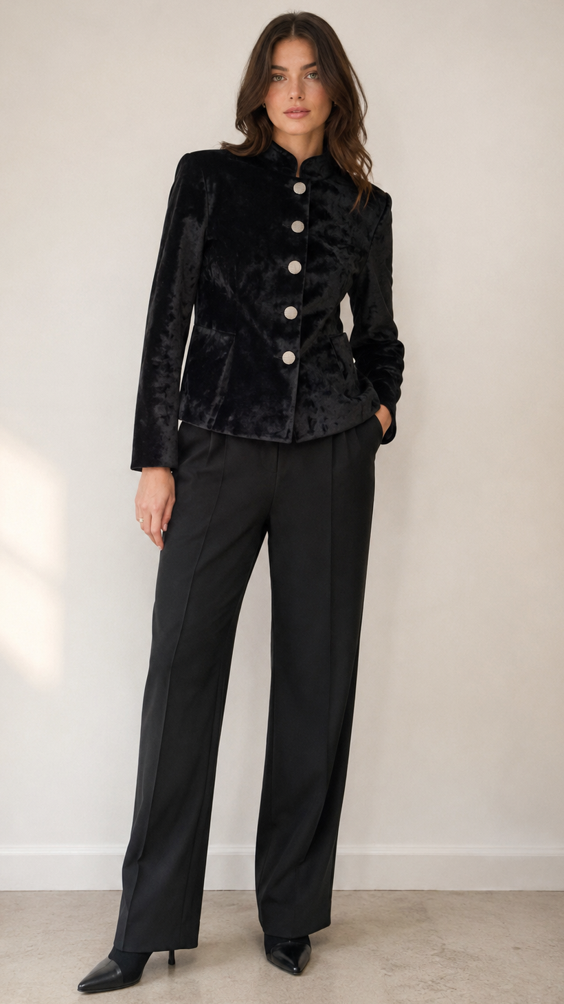 Veste en Velours Martelé

Élégante et intemporelle, cette veste en velours martelé incarne le raffinement de la Maison Hind Kroussa Paris. Sa coupe structurée met en valeur la silhouette avec subtilité, tandis que son col officier et ses boutons bijoux lui confèrent une allure sophistiquée et singulière.

Le velours martelé révèle de délicates variations de lumière qui apportent profondeur et caractère à la pièce. Entièrement doublée en soie, elle offre un confort exceptionnel et une sensation de douceur in