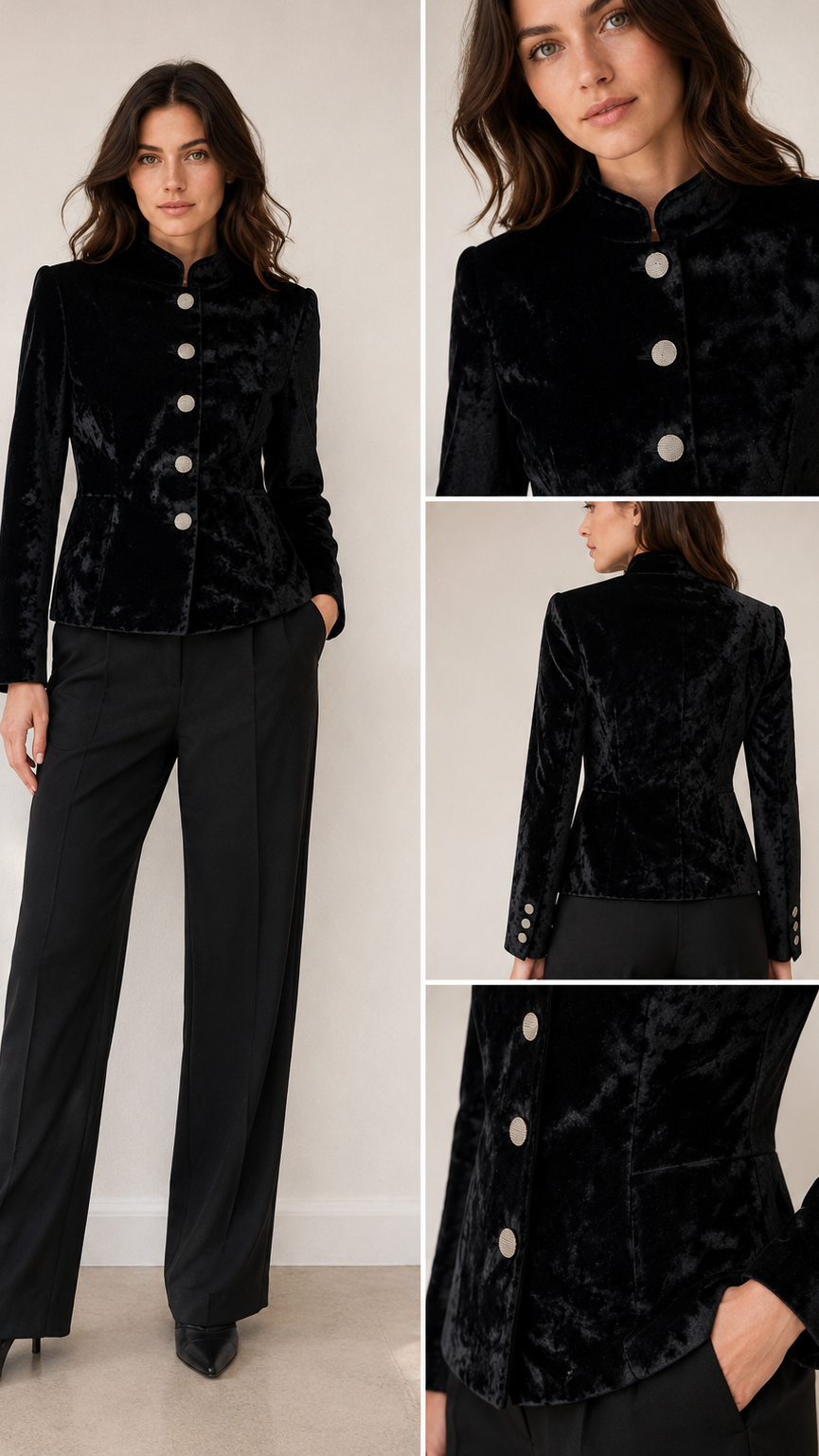 Veste en Velours Martelé

Élégante et intemporelle, cette veste en velours martelé incarne le raffinement de la Maison Hind Kroussa Paris. Sa coupe structurée met en valeur la silhouette avec subtilité, tandis que son col officier et ses boutons bijoux lui confèrent une allure sophistiquée et singulière.

Le velours martelé révèle de délicates variations de lumière qui apportent profondeur et caractère à la pièce. Entièrement doublée en soie, elle offre un confort exceptionnel et une sensation de douceur in